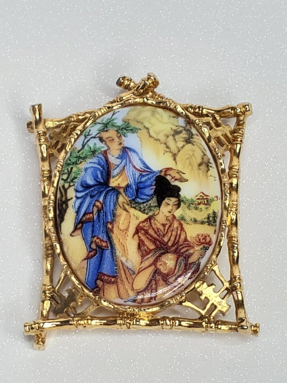 Vintage ART Signed Asian Courting Scene Bamboo Brooch Pin - Mid Century 1960s